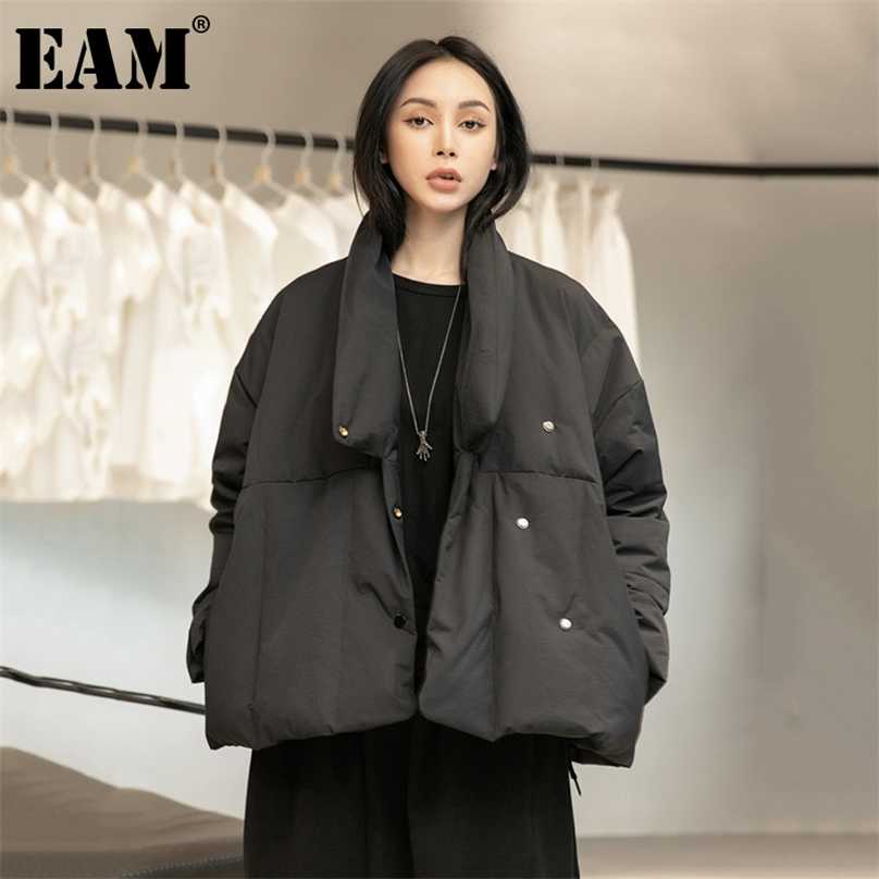 

[EAM] Loose Fit Black Warm Short Down Jacket Stand Collar Long Sleeve Women Parkas Fashion Autumn Winter 1DD1642 211018