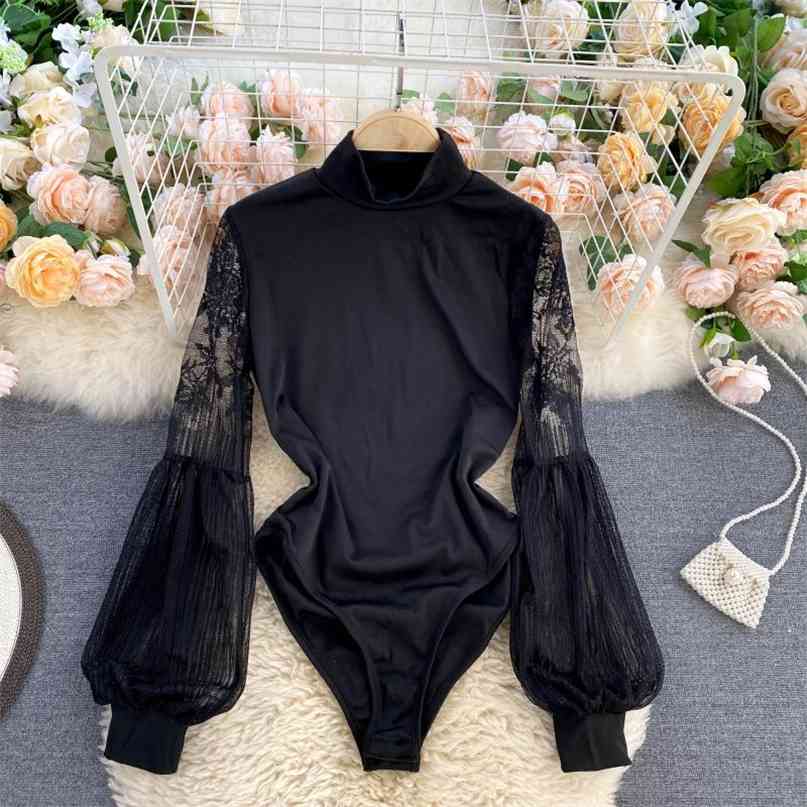 

Women's turtleneck lace lantern sleeve shirt sexy hollow out Ins fashion design stitching blouse elegant ladies tops 210603, Black