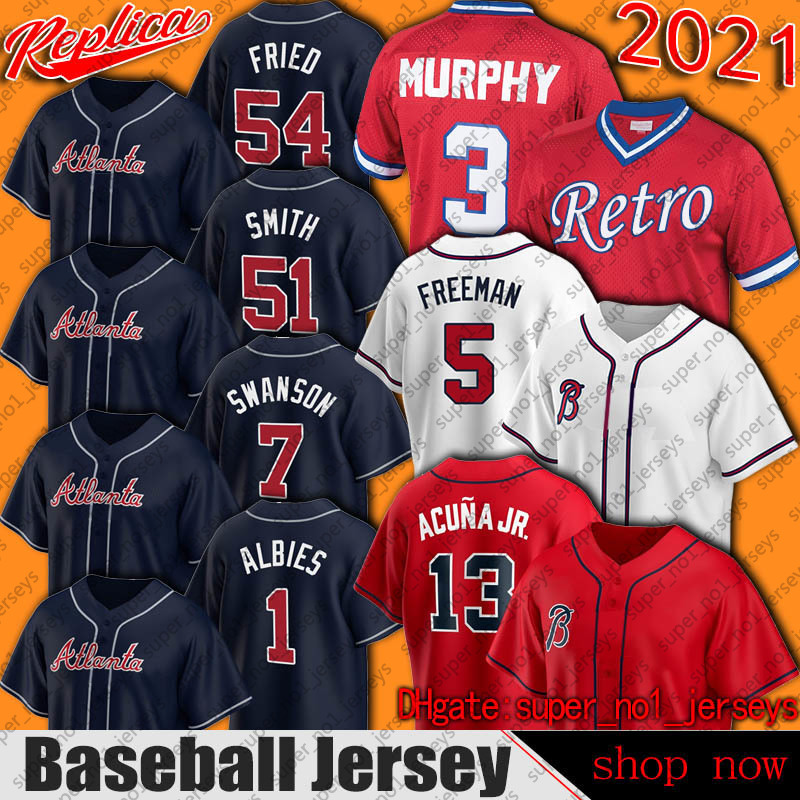 

Atlanta 13 Ronald Acuna Jr. 5 Freddie Freeman 1 Ozzie Albies Jresey Max Fried Joc Pederson Dale Murphy Baseball Jerseys Travis D'Arnaud Rodriguez MortonAdam Duvall, Woman custom jersey (ys)