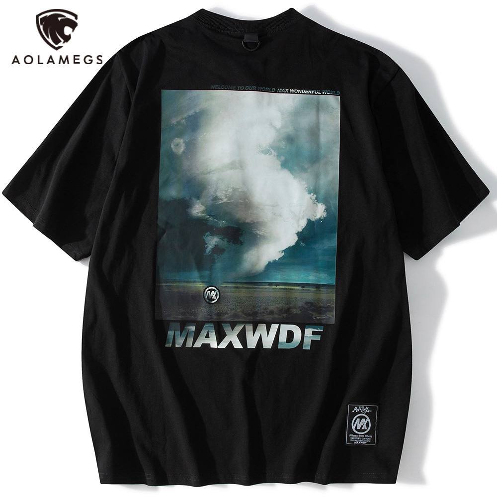 

Men's Polos Aolamegs male shirt harajuku cloud letter printing cotton shirts large casual dimensions cozy high-neck streetwear, Black