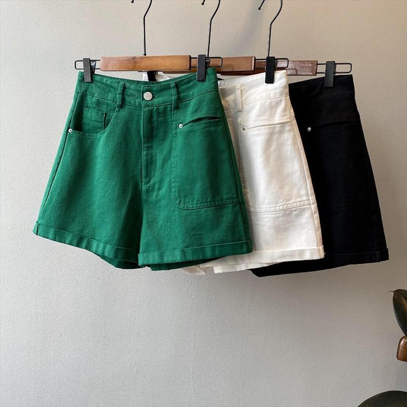 

green denim summer fashion womens shorts korean solid casual loose high clothing, White;black