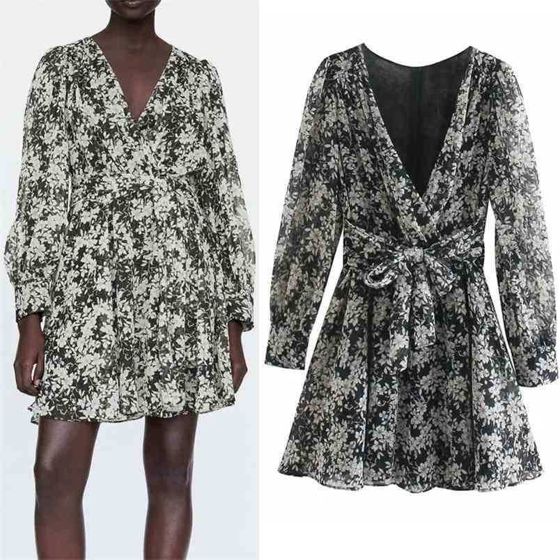 

Black Metallic Thread Printed Mini Dress Women Vintage V Neck Long Sleeve Woman Bow Tied Elegant Ladies es 210519, Print