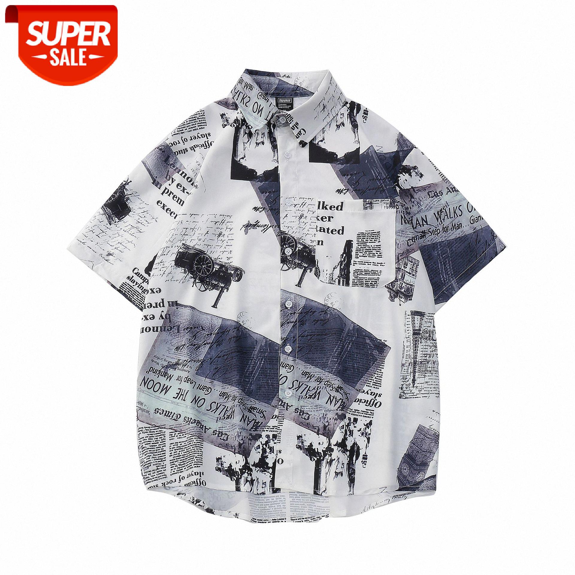 

Hong Kong style Japanese retro boys shirt men's short-sleeved and handsome newspaper jacket #PO0Q, White;black