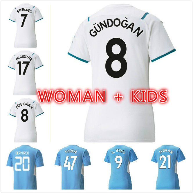 

woman Manchester soccer jersey 21 22 GREALISH MAN G. JESUS CITY STERLING FERRAN DE BRUYNE FODEN 2021 2022 football shirts uniform men + kids kit, Black;yellow