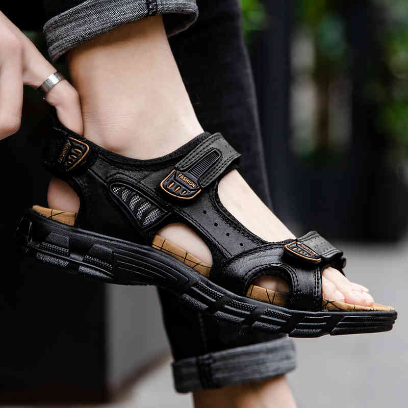 

slippers man sandals summer breathable men handmade genuine leather roman shoes hollow outdoor lightweight casual beach rubber 49eb, Black
