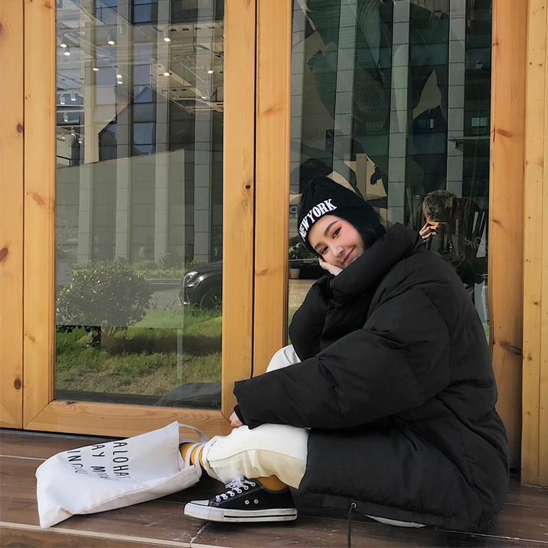 

Korean Style Winter Jacket Women Stand Collar Solid Black White Female Coat Loose Oversized Womens Short Parka 210518