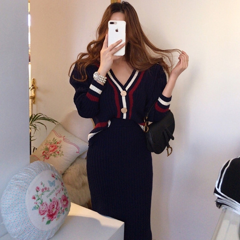 

ZAWFL Autumn Winter Two Piece Set Women Hit color Knit Suits V-neck Sweater + High waist Long skirt suit Outfits 210603, Picture color