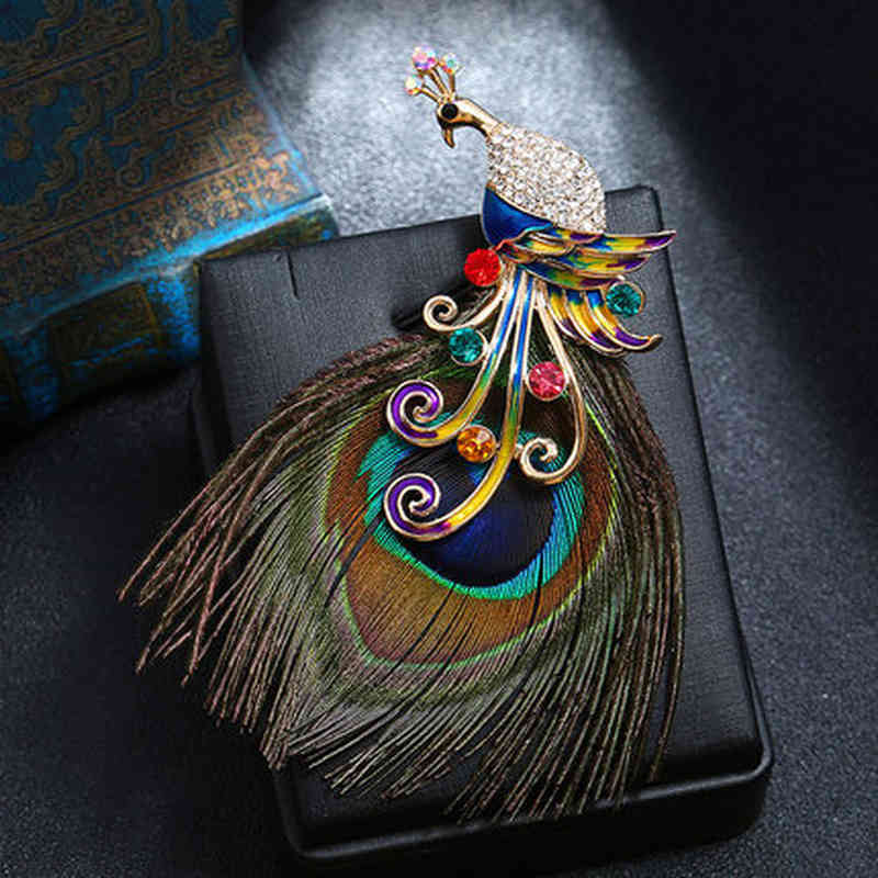 

Luxury Original Handmade Peacock Feather Ethnic Jewelry Flowers Vintage Rhinestone Crystal Brooch Suit Accessories