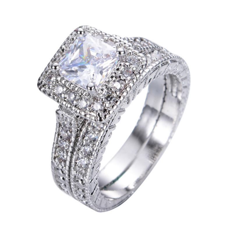 

Luxury Women Style 925 Silver Plated Square Diamond Ring Jewelry 2PCS/Set Wholesale
