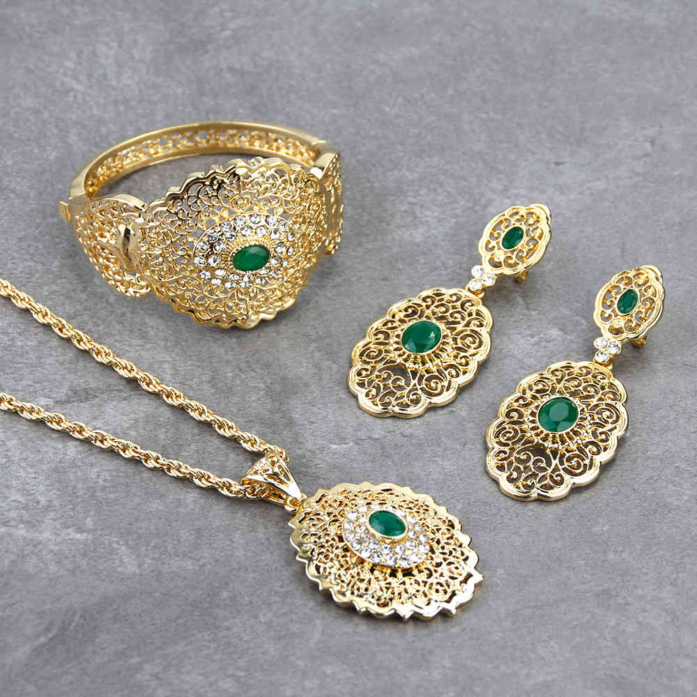

Chic Morocco Wedding Jewelry Set Gold Color Drop Earring Cuff Bracelet Bangle Pendant Necklace Arab Hollow Metal Gift, Mixed colors