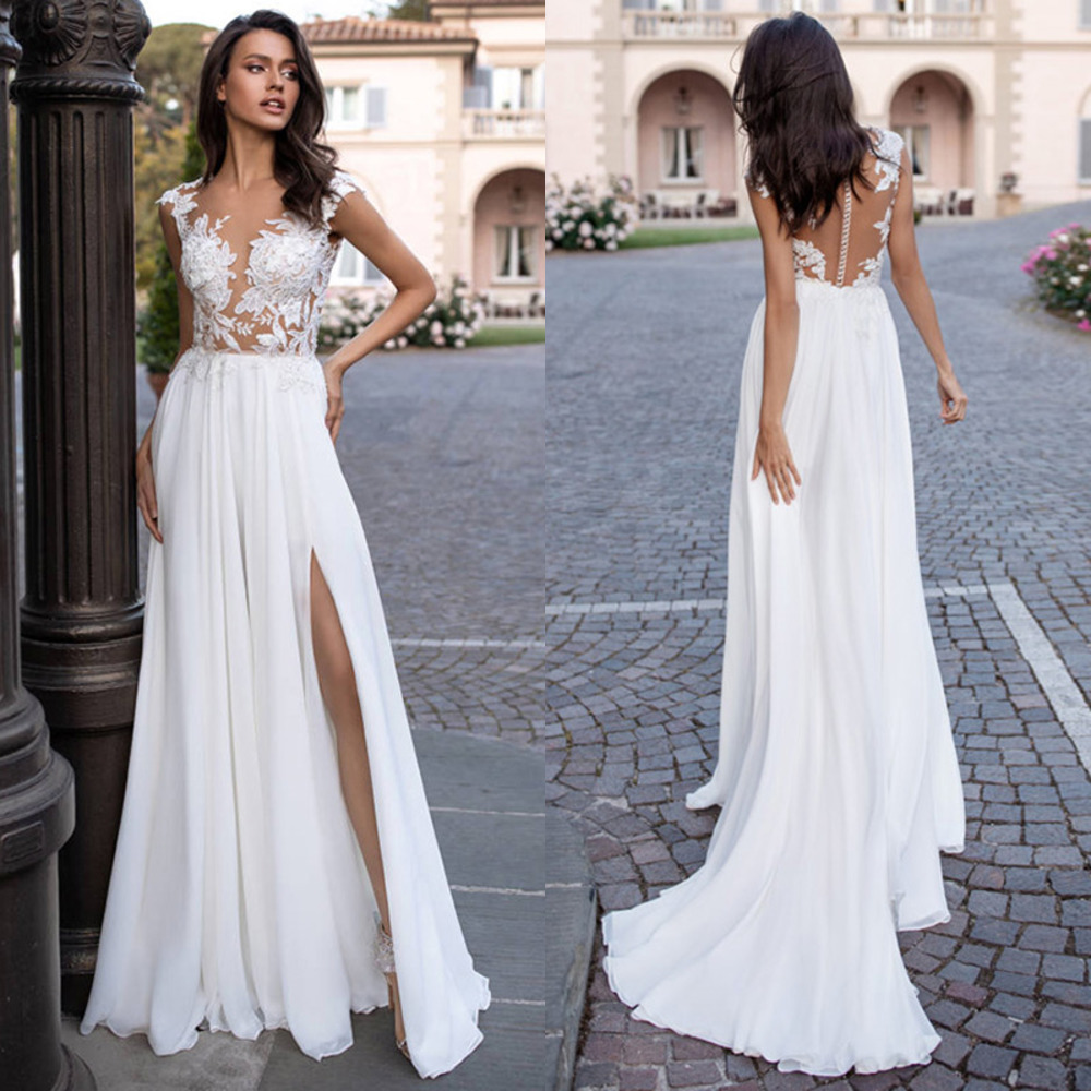 

Chiffon A-line Wedding Dress V-neck Applique White Ivory Bridal Gown With Slit Robe De Mariage Vestido De Noiva