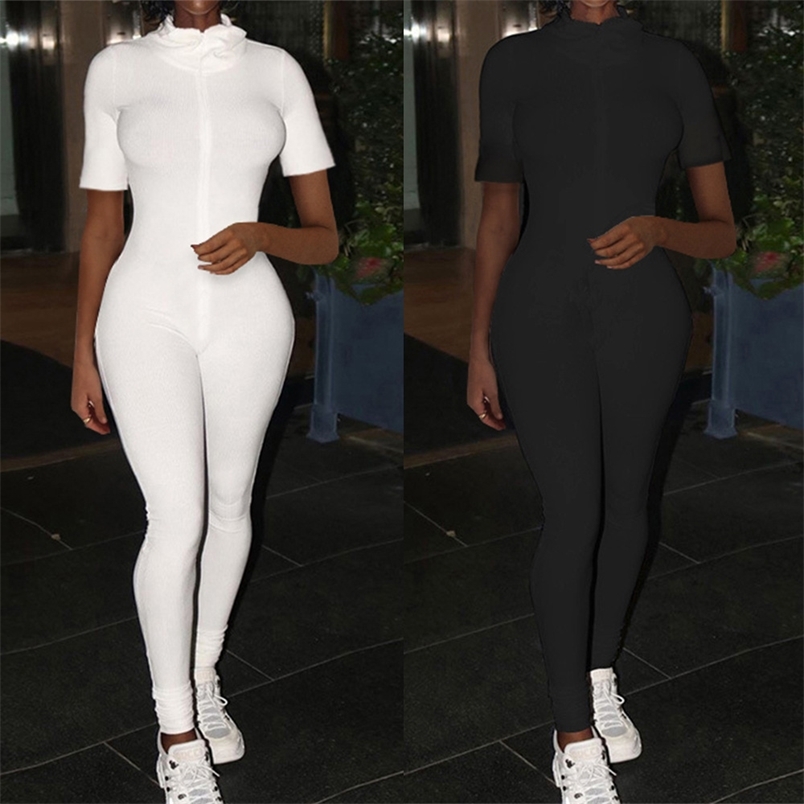 

Summer Women Sexy Tight-fitting Zipper Short-Sleeved Solid Color White Round Neck Slim Jumpsuit Combinaison Femme 210517, Black