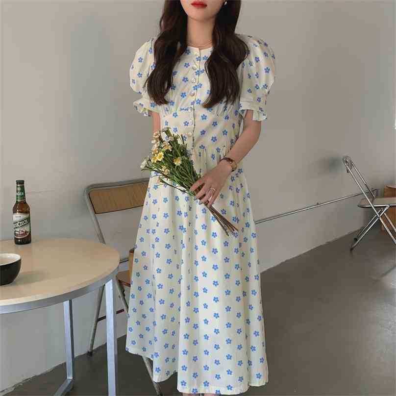 

Sweet Girls Stylish A-Line High Waist Printed Slim Femme Prom Puff Sleeves Lady Florals Summer Dresses Vestidos 210525, Blue