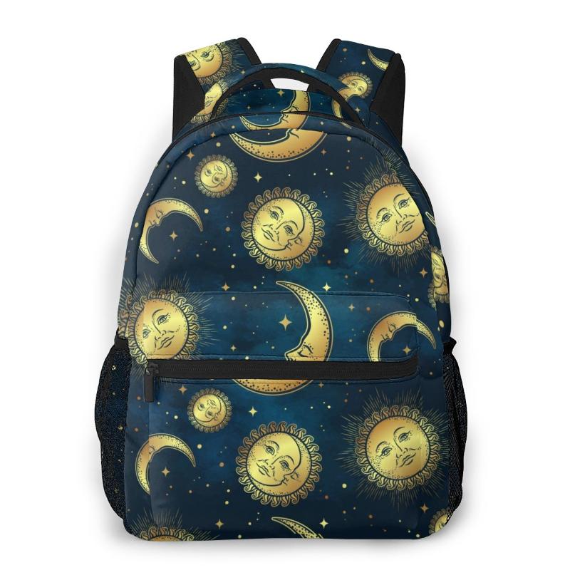 

Backpack Mountaineering Gold Celestial Bodies Moon Sun And Stars Over Blue Night Sky Shoulder Bags Backpacks, Black