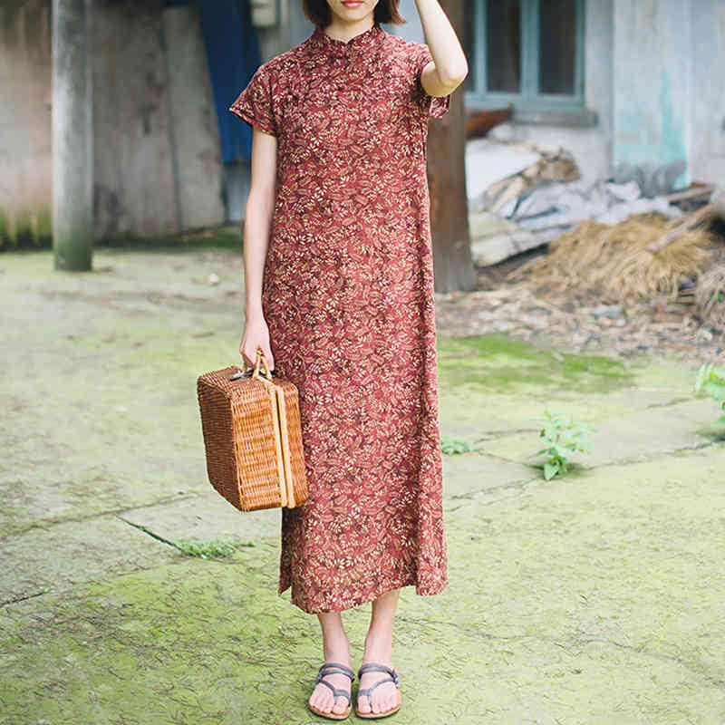 

Johnature Women Chinese Style Stand Dresses Summer Short Sleeve Red Print Floral Female Clothes Vintage A-Line Dresses 210521