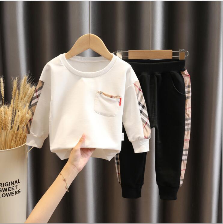 

Spring Fall Baby Boys Clothing Sets Tracksuits Kids Long Sleeve Plaid T-shirt+Pants 2pcs Set Children Suit Boy Outfits Child Sportswear, White