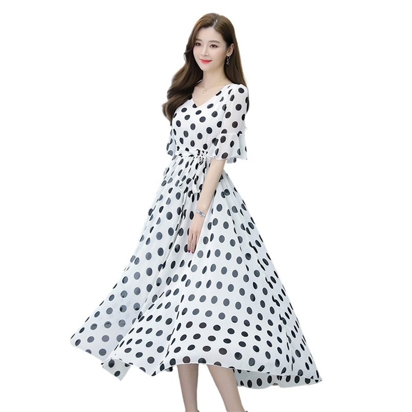 

Fashion women dress summer style temperament big swing short-sleeved chiffon polka-dot long skirt 210520, Red wave point
