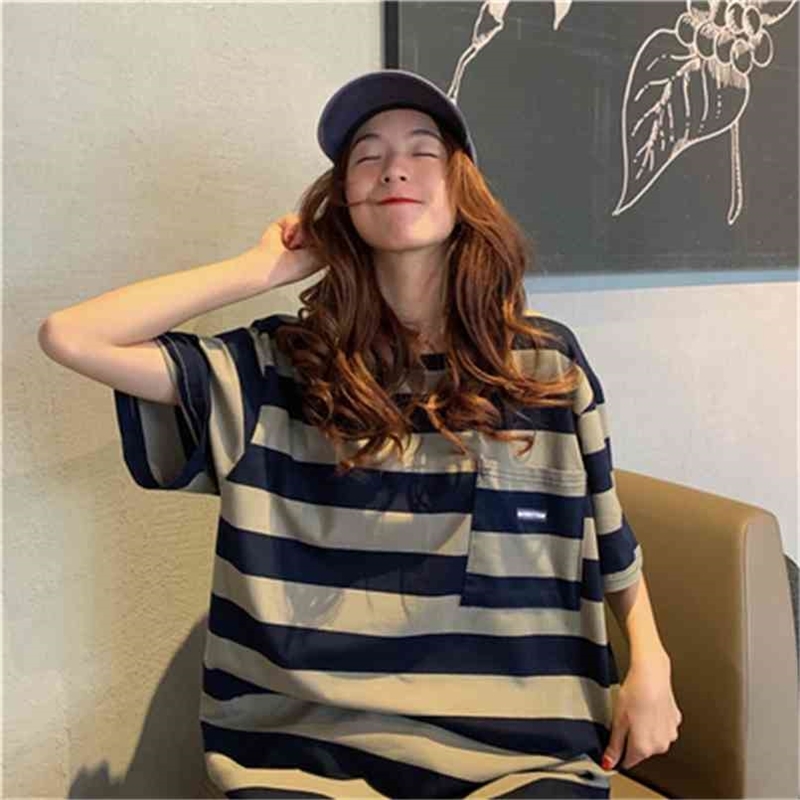 

Casual Loose Basic Striped Pocket Simple College Wind Short Sleeve O-neck Summer Spring Women Top T-shirts 210708, Army green
