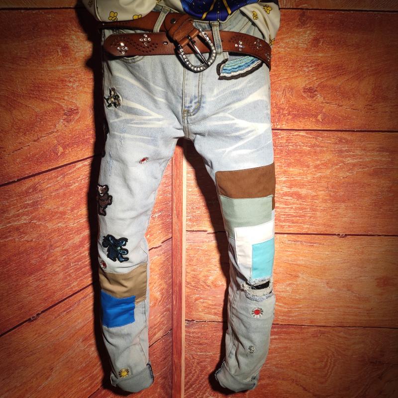 

Men's Jeans Light Blue Streetwear Holes Ripped Stretch Denim Skinny Mens Autumn Bear Embroidery Patchwork Hip Hop