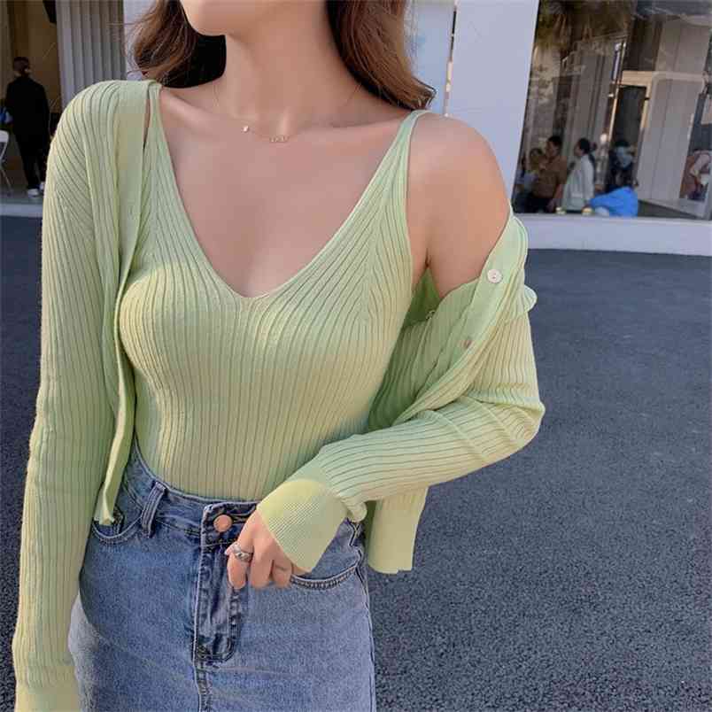 

Spring Solid Color Knitted Suit Casual Fashion Single-Breasted Long-Sleeve Cardigan+Short Sling Vest Two-Piece Set Femme 210519, White