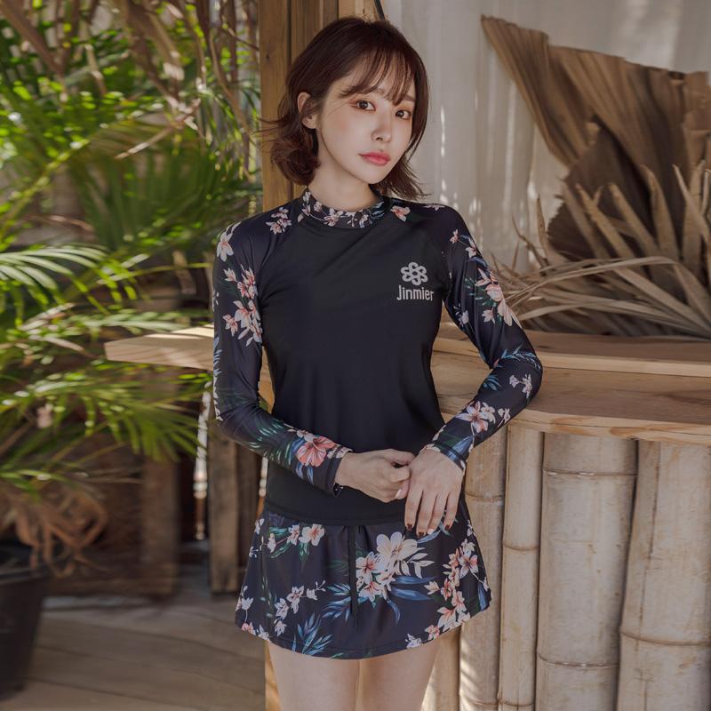 

Floral Print Three Piece Set Skirt Swimsuit Women Sexy Tight Long Sleeve Bathing Suit Quick Dry Surfing Diving Rushguard One-Piece Suits
