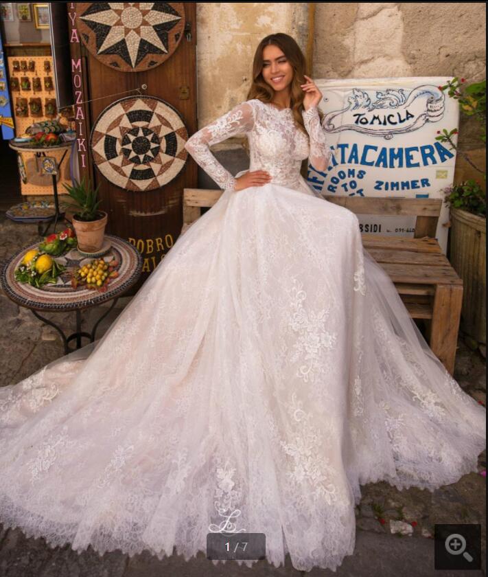 

Exquisite full lace long sleeve vintage a line wedding dress sheer back elegant scoop neckline court train stylish bridal gowns summer beach bride dresses, White