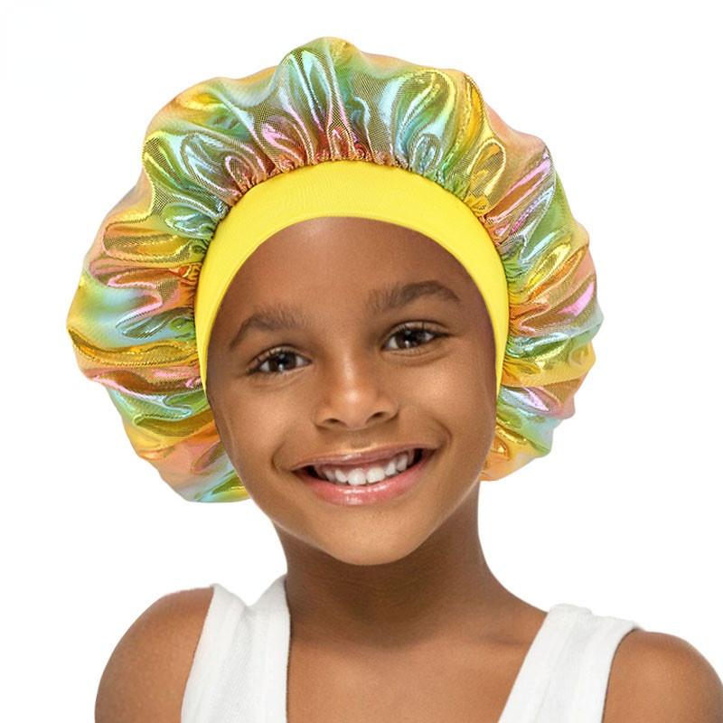 

Berets Baby Bonnet Printed Laser Round Hat Children Elastic Shower Cap Satin Silky Sleeping Kids Headwear Night Head Wraps
