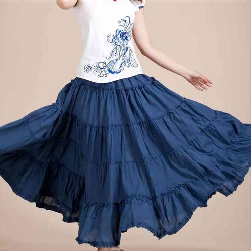 

Boho Beach Midi Umbrella Long Skirts Summer Femininas Sundress Maxi Cotton Skirts Elastic Waist Pleated Spliced Patchwork, Black