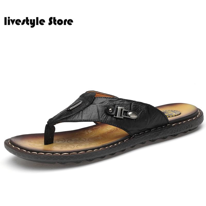 

2021 Men's Luxury Flip Flops Genuine Leather Slippers Summer Beach Shoes for Men Fashion Outdoor Sandals Plus Size 46, Black