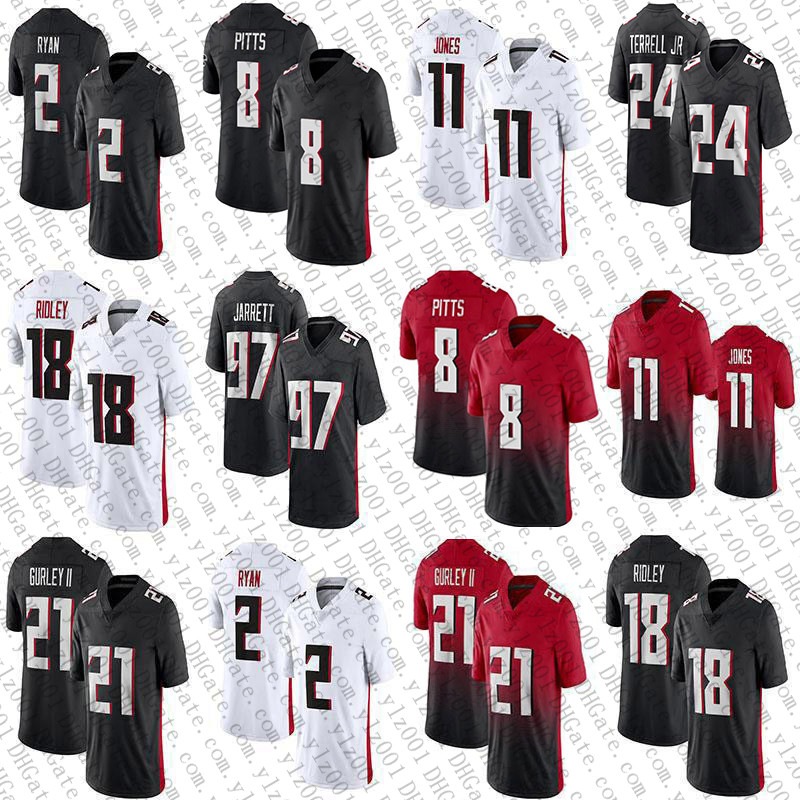 

8 Kyle Pitts 18 Ridley 2 Matt Ryan Custom Football jerseys 21 Todd Gurley II 97 Grady Jarrett 81 Hayden Hurst 45 Deion Jones 24 A.J. Terrell, Black;red