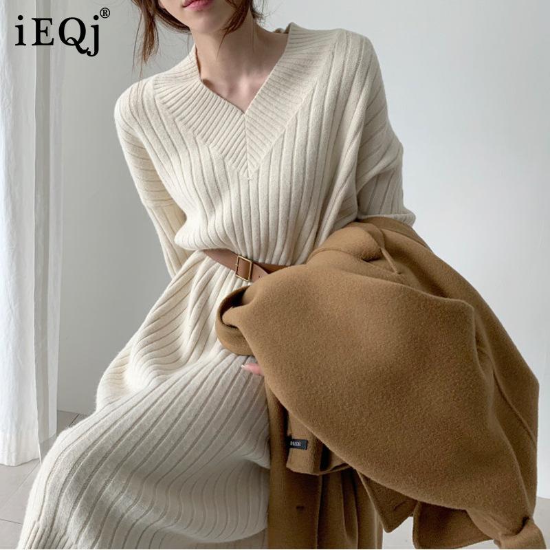 

Casual Dresses IEQJ 2021 Autumn Winter Knitted V-neck Dress Women Long Sleeve Pit Bar Solid Color Female Fashion 3W151, Black;gray
