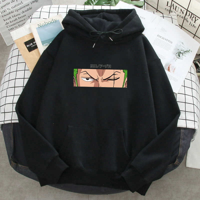

Sweatshirts Roronoa Zoro Print Hoodies Men One Piece Anime Hooded Brand Man Woman Fleece Warm Capuchon Pockets Streetwear, Black