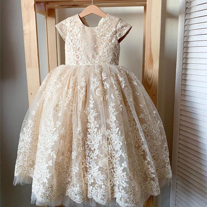 

2021 Flower Girl Dresses For Weddings Kids Girls Pageant Dress Bow Ribbon Floor Length Communion Party Gowns Puffy, Orange