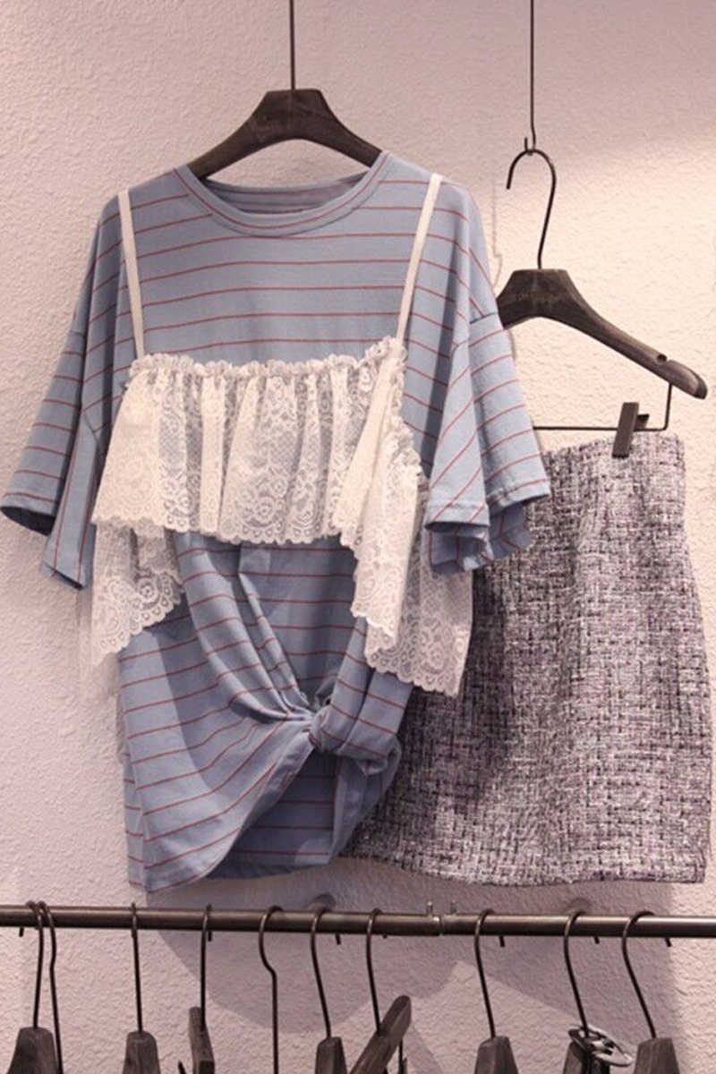 

Summer Lace Sling Patchwork Striped Short-sleeved O Neck T-shirt Women Loose Slim Top 210615, Blue