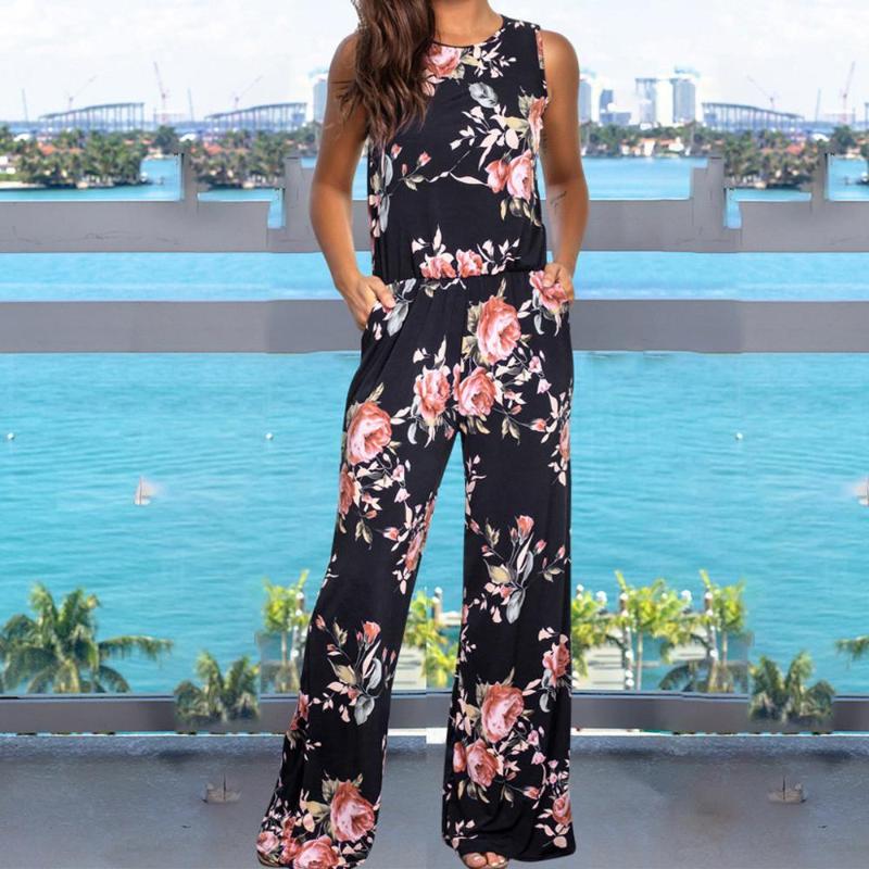 

Women' Jumpsuits & Rompers Jumpsuit Women Summer Fashion Elegant Sexy Bodysuit Print Loose Long Overalls Combinaison Femme Kombinezon Free, Black