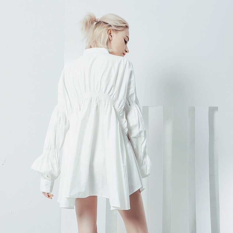 

Irregular Stand Collar Solid Shirring Femme Robe Elegant Lantern Sleeve Spring Vestidos Casual Loose Simple Dresses 210525, Black