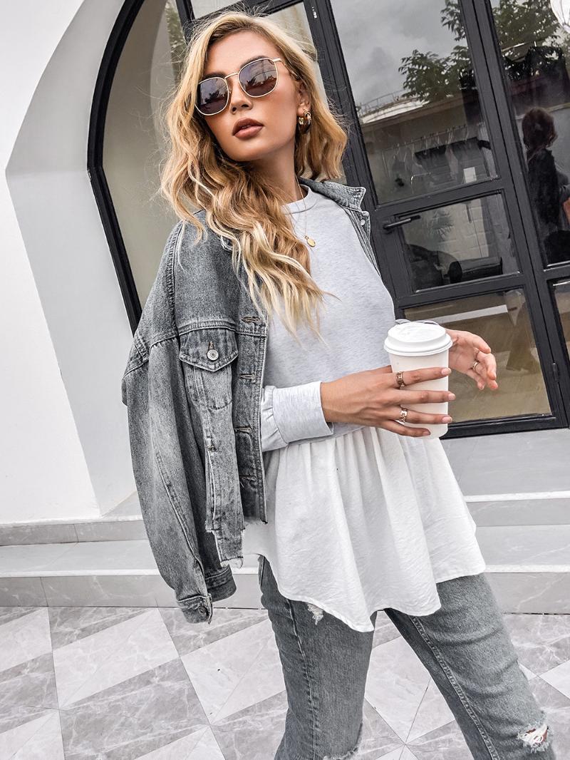 

Women's Hoodies & Sweatshirts 2021 Spring And Summer Loose Round Neck Sweater Stitching Light Gray Mid-length Ladies Top, Black