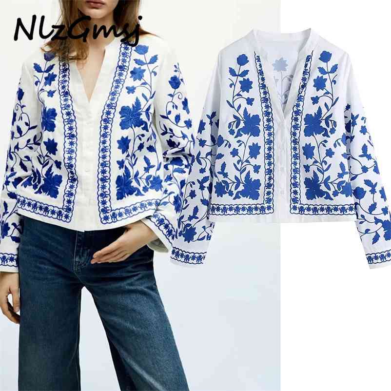 

Blouse Women Vintage V Neck Porcelain Embroidery Shirts Female Long Sleeve Kimono Roupas Chic Tops 04 210628, As picture