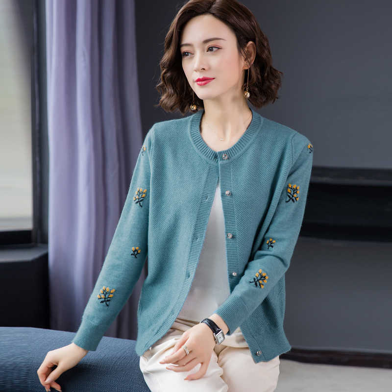 

Women Winter Sweater Cardigans Flora embroidery o neck Button Big Pocket Knit Jacket Loose Coat Casual sueter feminino 210604, Red wine