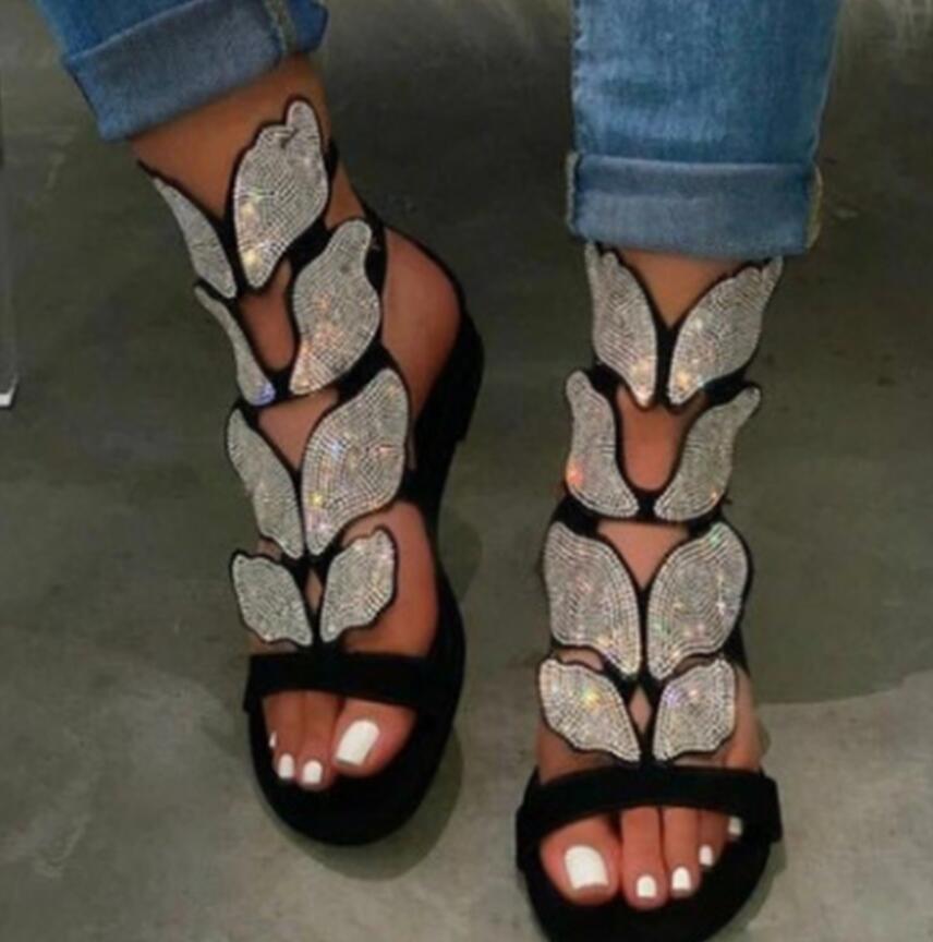 

Women's sexy sandals summer classic fashion design lady business OL Pointed cute Bow gold leaf wings Sandal Rhinestone large size cool, Black