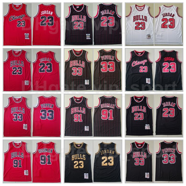 

Basketball Mitchell and Ness Dennis Rodman Jersey 91 Scottie Pippen 33 Michael 23 Vintage Team Red White Stripe Black Stitched High Quality, Black;red
