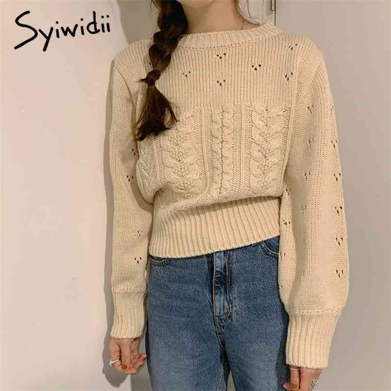 

Beige Hollow Sweater Knitted O-neck Pullovers Spring Autumn Female Winter Clothes Ribbed Casual Chic Korean Tops 210607
