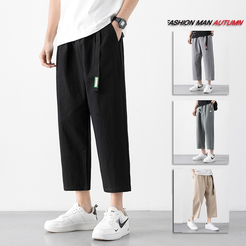 

Pants men's summer thin 8-point cotton linen 7-point shorts wear loose trend sports casual 9-point pants C, Black