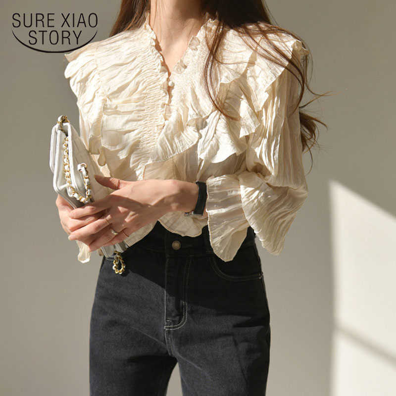 

Solid Blouse Women V-neck Woman Shirt Korean Tops Spring Ruffle Long Sleeve Office Lady Clothes with Black Beige 10573 210527, Apricot