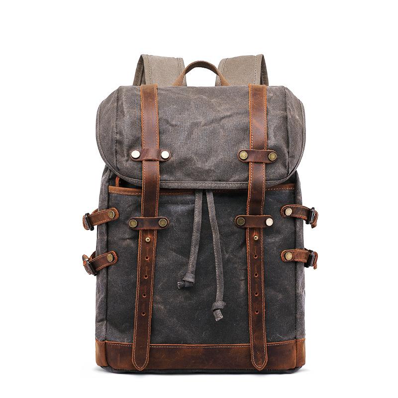 

Backpack Vintage Canvas Leather Backpacks Men Women Laptop Daypacks Waterproof Rucksacks Large Waxed Mountaineering Travel Pack, Army green