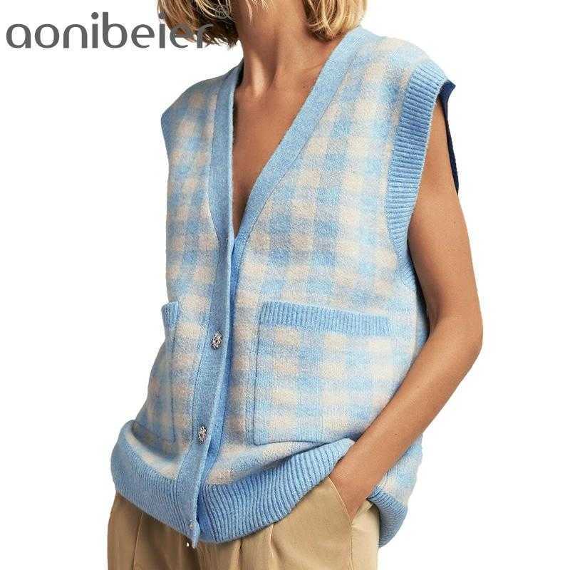 

Casual Woman Blue Loose Plaid Knitted Vest Cardigan Spring Fashion Ladies V Neck Tanks Girls Sweet Oversizd Sweaters 210604