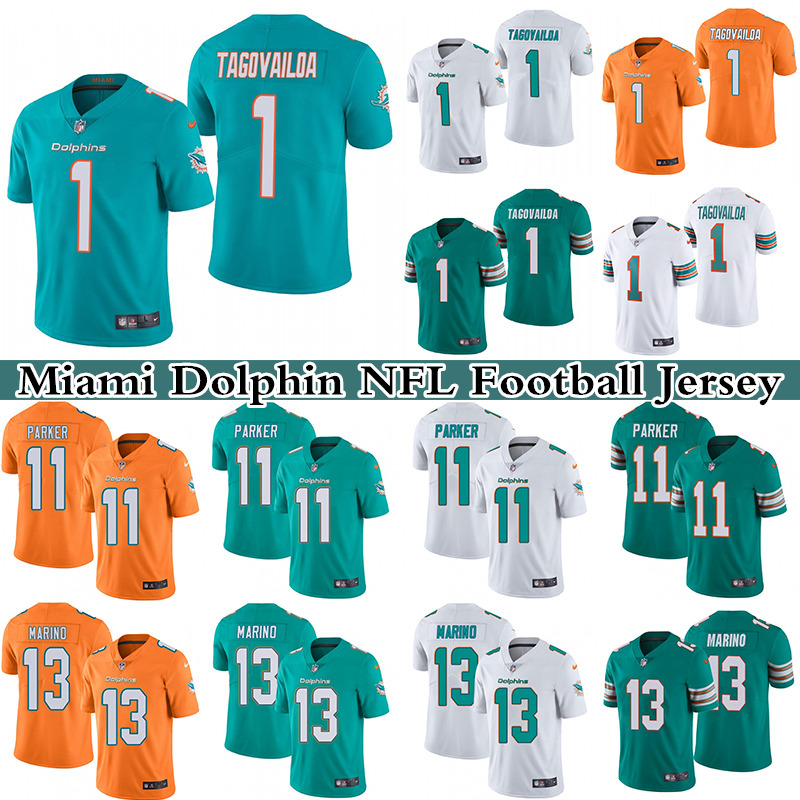 

1 Tua Tagovailoa 11 DeVante Parker 13 Dan Marino 17 Jaylen Waddle Men's Stitched NFL Miami Dolphin Nike Limited Football Jersey, Orange
