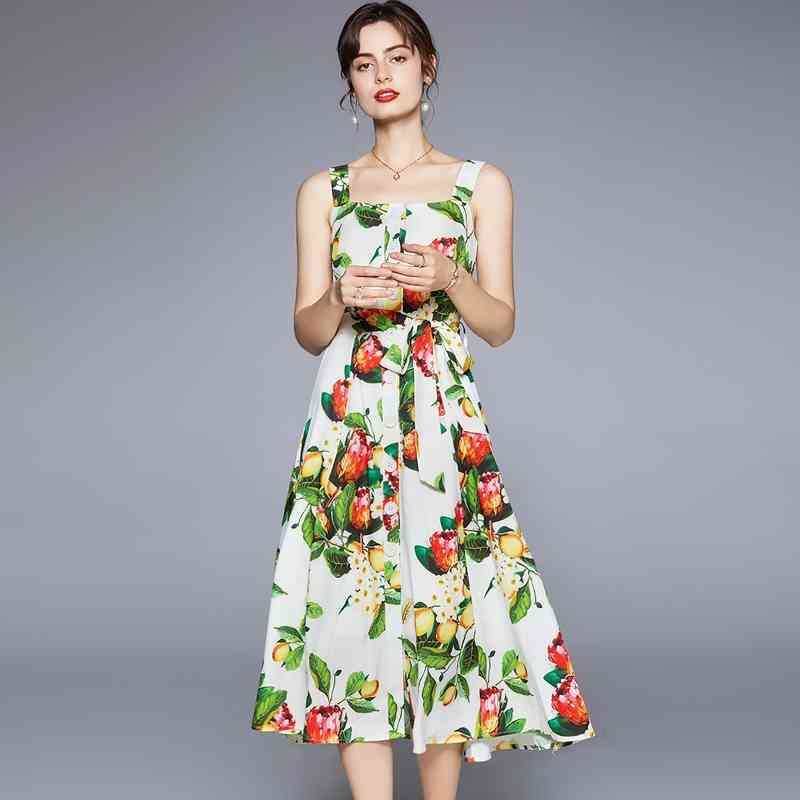 

Banulin Woman Bohemian Beach Dress Summer Runway Spaghetti Strap Single Breasted Floral Printed Holiday Robe 210603, Mixed color
