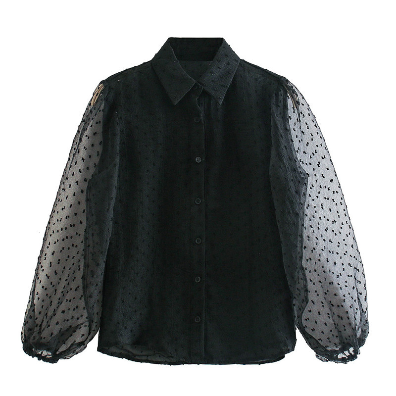

Women' Blouses & Shirts Women Casual Sprint Patchwork Dot Print Long Mesh Flare Sleeve Za Black Blouse Female Fashion Transparent