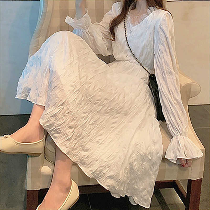 

Lace Vintage Dres Autumn Long Sleeve Korean V-Neck Solid Casual Lady Fashion Female Retro Clothes 210604, White